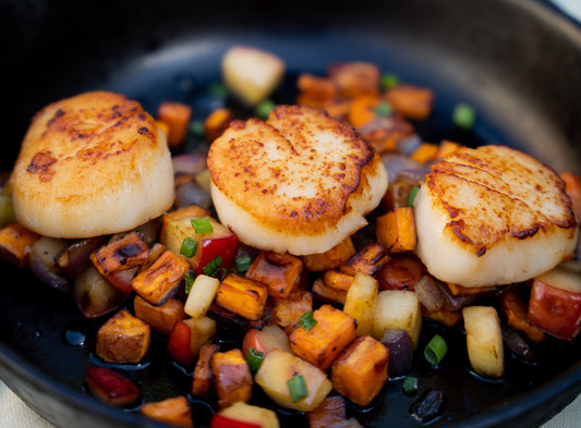 Seared Scallops with Sweet Potato Apple & Red Onion Hash Recipe