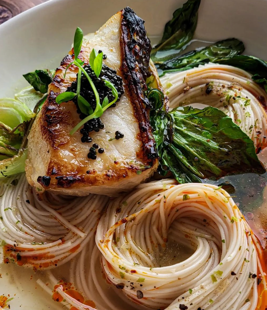 Miso-Soy-Sake Marinated Chilean Sea Bass, Charred Bok Choy, & Silky Somen Noodles