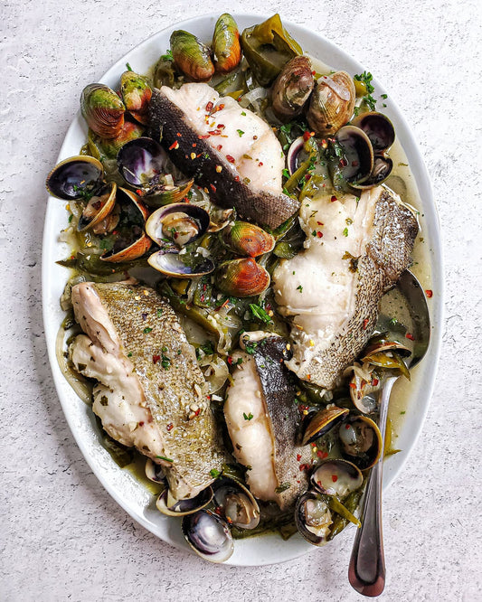 "Pipérade" of Black Cod, Manila Clams & Green Peppers