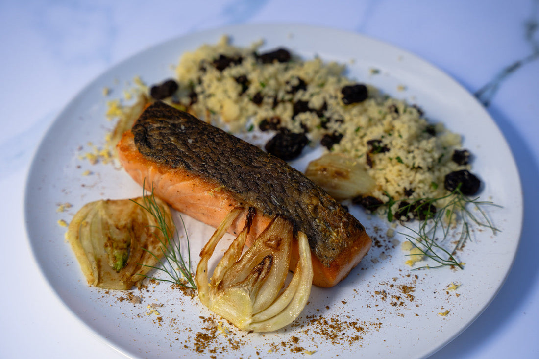Crispy Skin Salmon with Honey Brown Butter, Roast Fennel & Lemon Couscous Recipe