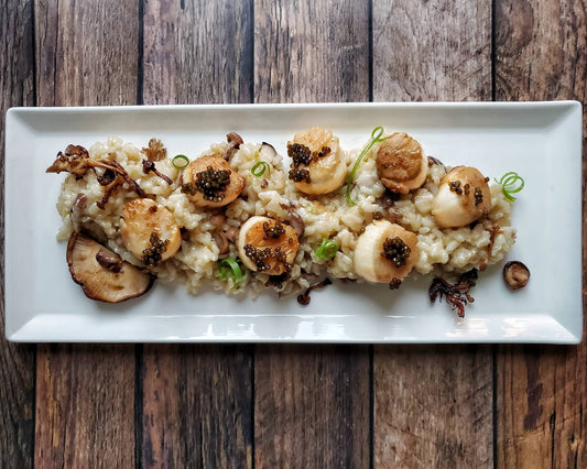 Seared Scallops with Caviar Over Creamy Miso Mushroom Risotto