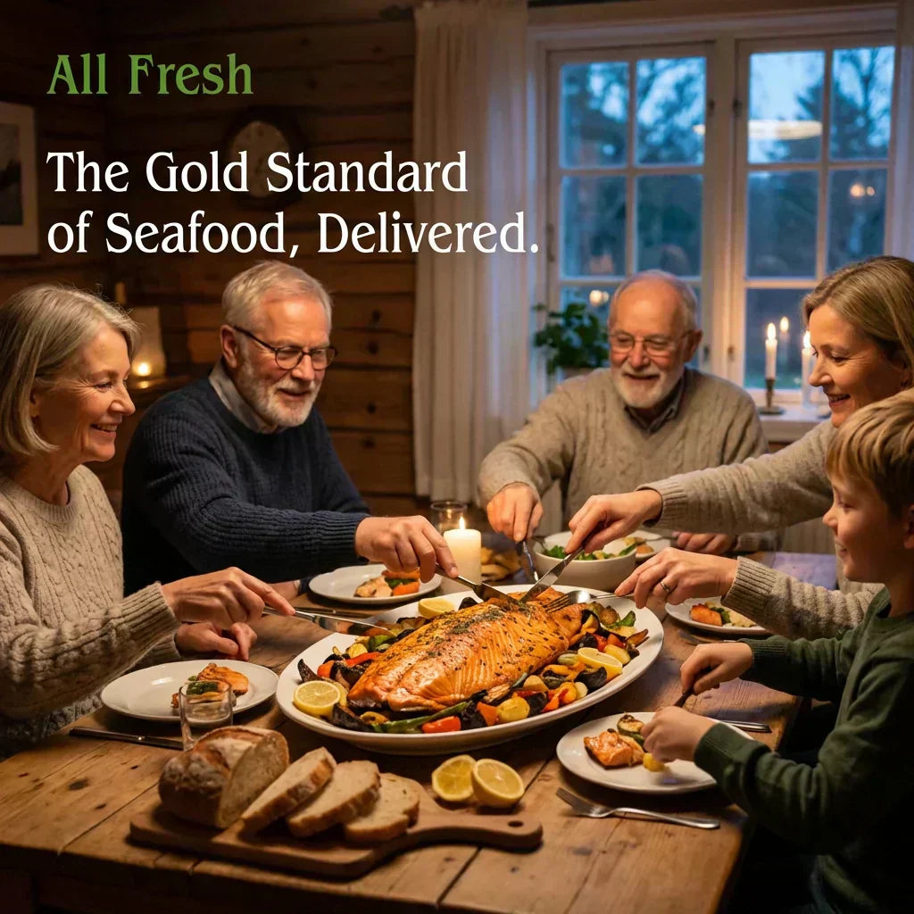 All Fresh is the Gold Standard of Seafood, Delivered with a family enjoying a salmon dinner for lent