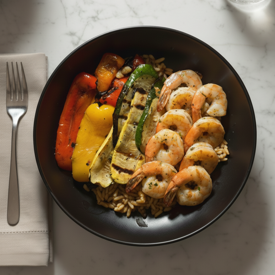 Balsamic Veggie Shrimp Bowl over Orzo