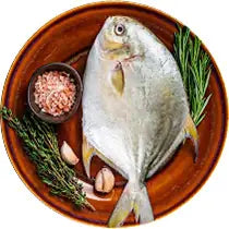 Raw fish on a wooden plate with spices and herbs