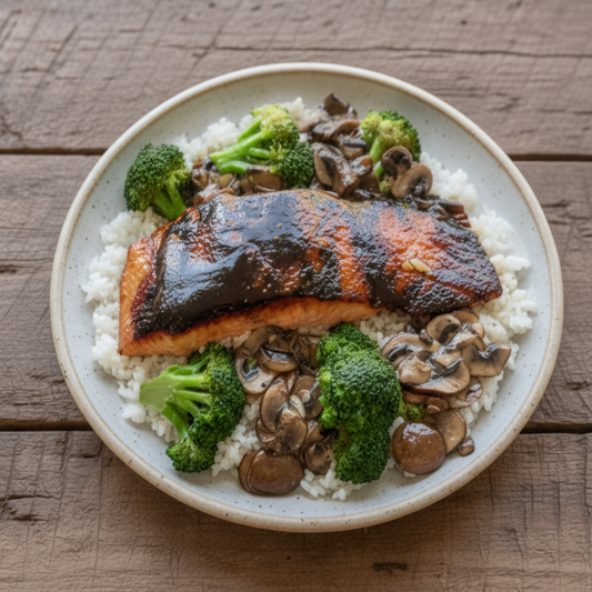 Salmon’s Teriyaki Tango with Broccoli & Mushrooms